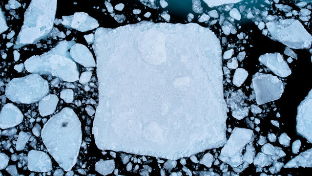 Arctic polar winter sea ice floe, square shape, fragments floating