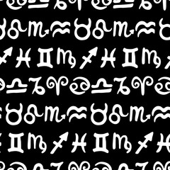 Obraz premium Hand-drawn white astrology signs on black seamless pattern vector. Funny simple esoterica surface design. Minimalist black and white astrology pattern for textile and clothes