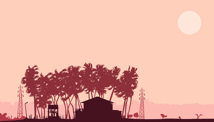 Attractive minimal wallpaper of urban are with house, coconut trees, hills, mountain and electric posts in reddish color combination.