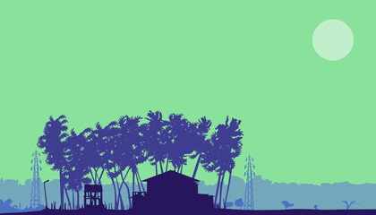 Attractive minimal wallpaper of urban area with a house, coconut trees, hills, mountain and electric posts in bluish and greenish color combination.