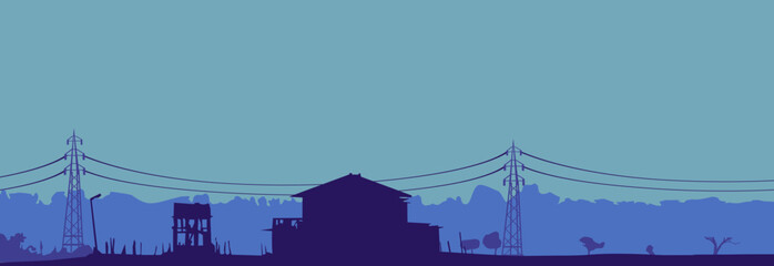 Attractive minimal wallpaper of urban is with houses, hills, mountains, and electric posts in bluish color combination.