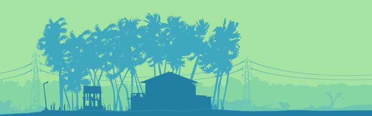Attractive minimal wallpaper of urban are with house, coconut trees, hills, mountain and electric posts in bluish and greenish color combination.