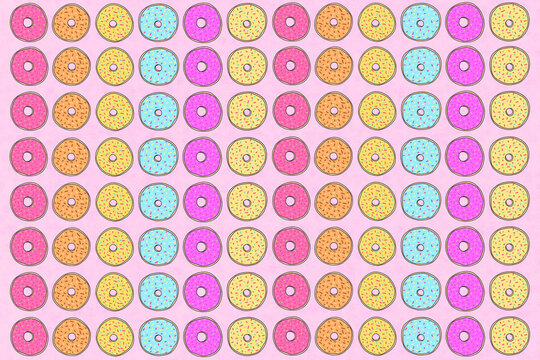 Repeating pattern of colorful donuts, illustration