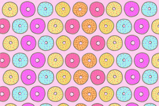 Repeating pattern of colorful donuts, illustration