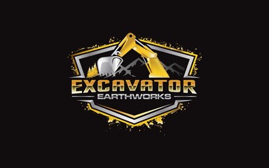 Illustration vector graphic of excavator construction, excavator earthworks, and heavy equipment logo design template