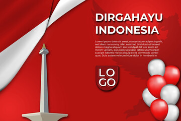 Dirgahayu Indonesia Independence Day Red Background Template with Realistic ornaments Indonesian Map, Flag, Garuda,Balloon and Monas Landmark