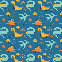 Naklejka na ściany i meble Cute Dino Seamless Pattern Print for Wallpaper, Wrapping, Party accessories, Invitations, Posters, Home Decor