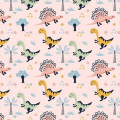 Hand Drawn Dinosaur Digital Paper Colorful Seamless Pattern