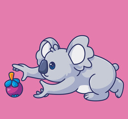cute koala eating fruit. Isolated animal illustration. Flat Style Sticker Icon Premium vector