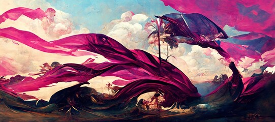 Dark magenta silk fabric fluttering and wind blown, carried away by renaissance inspired fantasy art style clouds over the ocean. Memorable and mesmerizing dreamscape.