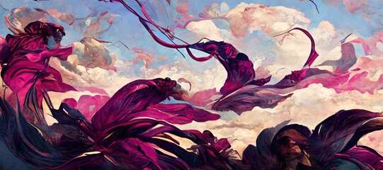 Dark magenta silk fabric fluttering and wind blown, carried away by renaissance inspired fantasy art style clouds over the ocean. Memorable and mesmerizing dreamscape.