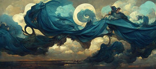 Fototapeta premium Epic silk fabric fluttering and wind blown, carried away by renaissance inspired fantasy art style clouds and abstract celestial moon. Vast gorgeous cloudscape.