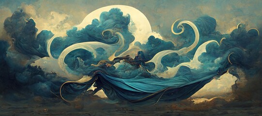 Fototapeta premium Epic silk fabric fluttering and wind blown, carried away by renaissance inspired fantasy art style clouds and abstract celestial moon. Vast gorgeous cloudscape.