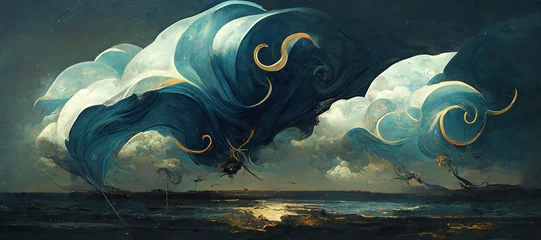 Epic silk fabric fluttering and wind blown, carried away by renaissance inspired fantasy art style clouds and abstract celestial moon.  Vast gorgeous cloudscape. © Everlasting Dreams