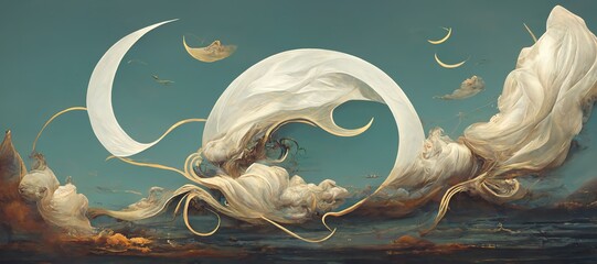Epic silk fabric fluttering and wind blown, carried away by renaissance inspired fantasy art style clouds and abstract celestial moon.  Vast gorgeous cloudscape. - obrazy, fototapety, plakaty