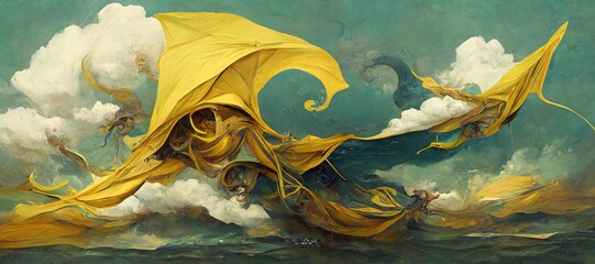 Cadmium yellow silk fabric fluttering and wind blown, carried away by renaissance inspired fantasy art style clouds. Memorable and mesmerizing dreamscape.