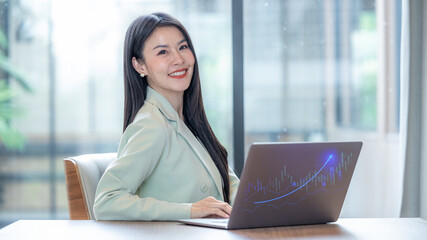 Beautiful asian businesswoman smile using computer laptop working, Smile beautiful business asian woman with suit working office using computer laptop, Happy asian businesswoman using laptop.