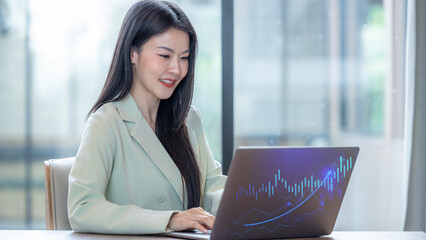 Beautiful asian businesswoman smile using computer laptop working, Smile beautiful business asian woman with suit working office using computer laptop, Happy asian businesswoman using laptop.