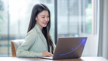 Beautiful asian businesswoman smile using computer laptop working, Smile beautiful business asian woman with suit working office using computer laptop, Happy asian businesswoman using laptop.