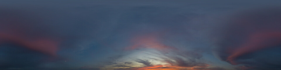 Panorama of a dark blue sunset sky with pink Cumulus clouds. Seamless hdr 360 panorama in spherical...
