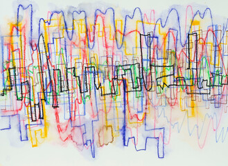 A mixed media abstract drawing; watercolor, ink, and crayon on paper