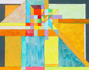 A geometric abstract painting, with strong colors and glazed brushwork