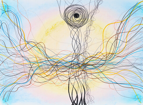 A mixed media abstract drawing; watercolor,  ink, and crayon.