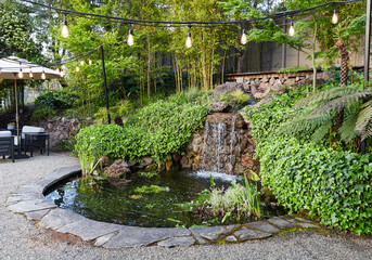 Outdoor water feature fountain in backyard
