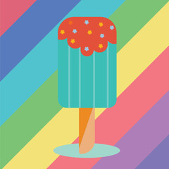 Vector illustration of ice cream on rainbow background . Icecream in pink and blue colors on rainbow background.