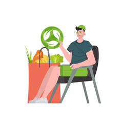 A man is sitting next to a bag of healthy food and is holding an EKO icon. Isolated on white background. Trend vector illustration. - obrazy, fototapety, plakaty