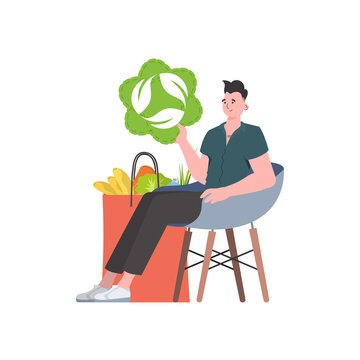 The guy sits next to a bag of healthy food and reposts the EKO icon. Isolated. Flat trendy style. Vector.