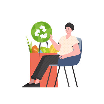 A man is sitting next to a bag of healthy food and is holding an EKO icon. Isolated. Flat trendy style. Vector.