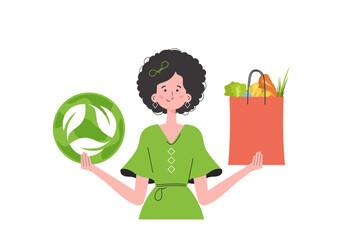 The woman is shown waist-deep and holding a bag of healthy food in her hands and showing the EKO icon. Isolated. Trend style, vector illustration. - obrazy, fototapety, plakaty