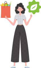 The woman is depicted in full growth and holds a bag of healthy food in her hands and shows the EKO icon. Isolated on white background. Flat trendy style. Vector.