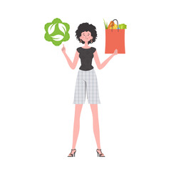 The girl is depicted in full growth and holds a bag of healthy food in her hands and shows the EKO icon. Isolated. Trend vector illustration. - obrazy, fototapety, plakaty
