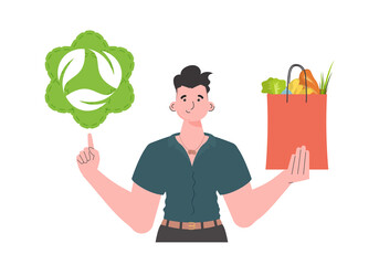 The guy is shown waist-deep and holds a package with healthy food in his hands and shows an icon. Isolated. Trend vector illustration.