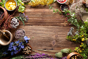 Natural medicine background. Assorted dry herbs in bowls and plants on rustic wooden table.