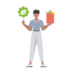 The guy is depicted in full growth and holds a package with healthy food in his hands and shows an icon. Isolated. Trend vector illustration.