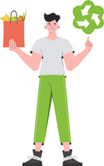 The man is depicted in full growth and holds a package with healthy food in his hands and shows an icon. Isolated. Trend vector illustration.