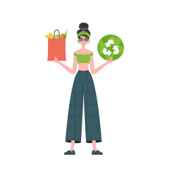 The woman is depicted in full growth and holds a bag of healthy food in her hands and shows the EKO icon. Isolated on white background. Trend style, vector illustration. - obrazy, fototapety, plakaty