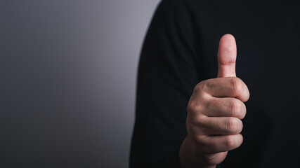 Businessman hand with thumb finger up. Success good sign concept. Happy work life. empty background with copy space for text.