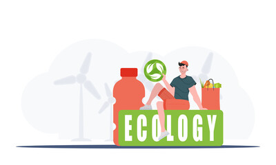 The guy is sitting next to the package of the right food and holding the EKO icon. The concept of ecology, recycling and green planet. Trend style, vector illustration. - obrazy, fototapety, plakaty