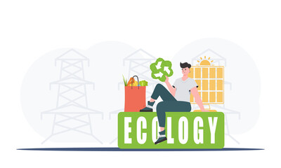 A man sits next to a package of proper food and holds an EKO icon. Ecology and green planet concept. Trend style, vector illustration. - obrazy, fototapety, plakaty