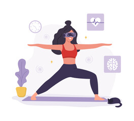 Woman in VR glasses doing exercises and yoga. Metaverse, Cyberspace or Virtual reality concept. Modern technology for mental and physical health. Vector illustration in flat cartoon style.