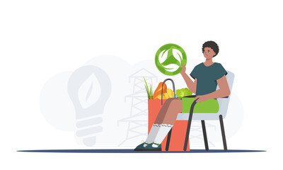A man sits next to a bag of healthy food and holds an EKO icon. The concept of ecology, zero waste and healthy eating. Trend vector illustration. - obrazy, fototapety, plakaty
