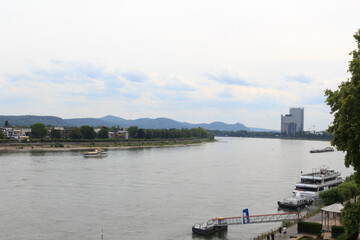 Panorama view of river Rhine (Rhein) with ships and mountains in Bonn, Germany