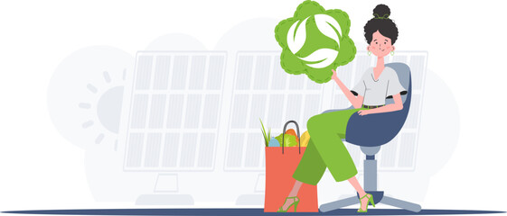 The girl is sitting next to a package with healthy food and holding an EKO icon. Healthy food, ecology, recycling and zero waste concept. Flat trendy style. Vector. - obrazy, fototapety, plakaty