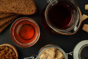 Concept of fresh drink, kvass, top view