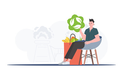 The guy is sitting next to a package with healthy food and holding an EKO icon. The concept of ecology, zero waste and healthy eating. Trend style, vector illustration. - obrazy, fototapety, plakaty