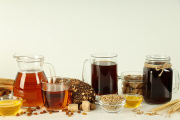 Concept of fresh drink, kvass, space for text